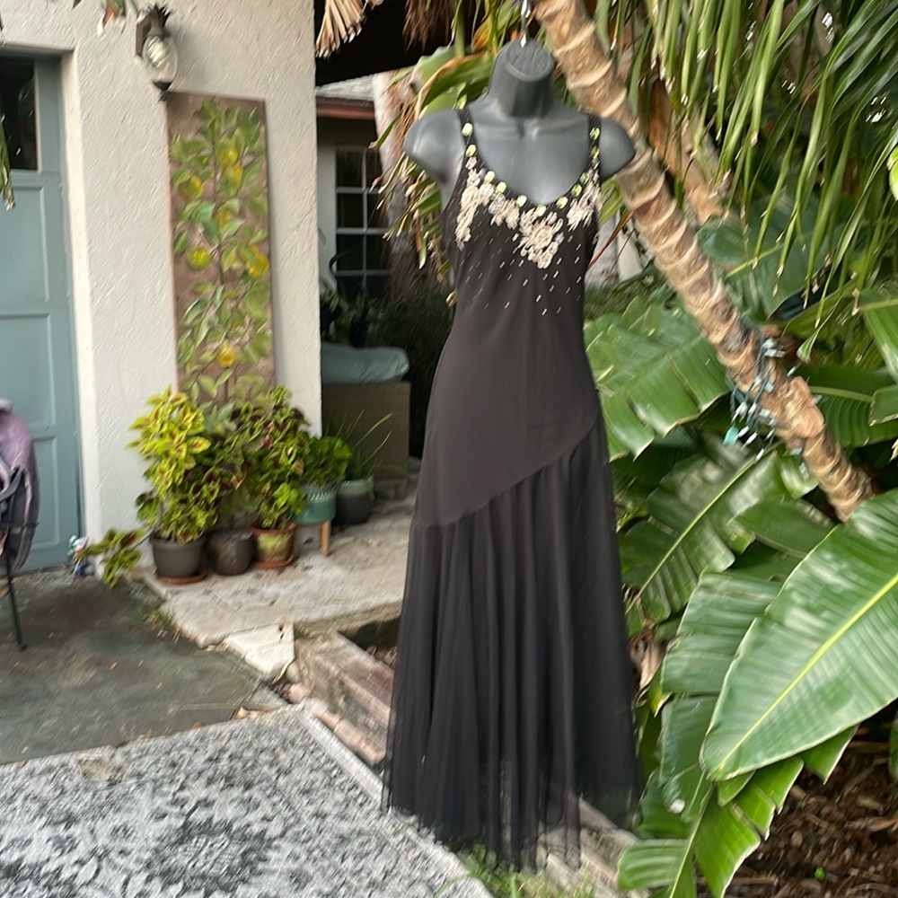 RM Richards beaded slip dress with sheer handkerchief, hem skirt